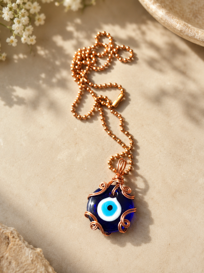 Copper Wrapped Evil Eye Pendant Necklace for Protection & Energy Clearing