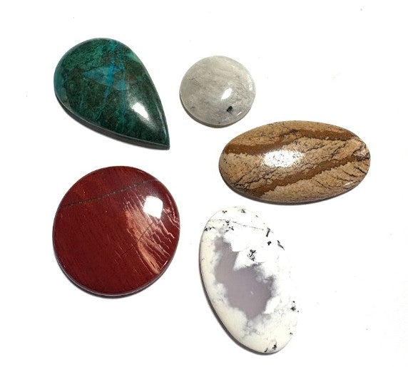 Cabochon Crystal Set (Red Snakeskin Jasper, Dendritic Opal, Picture Jasper, Chrysocolla, Rainbow Moonstone)