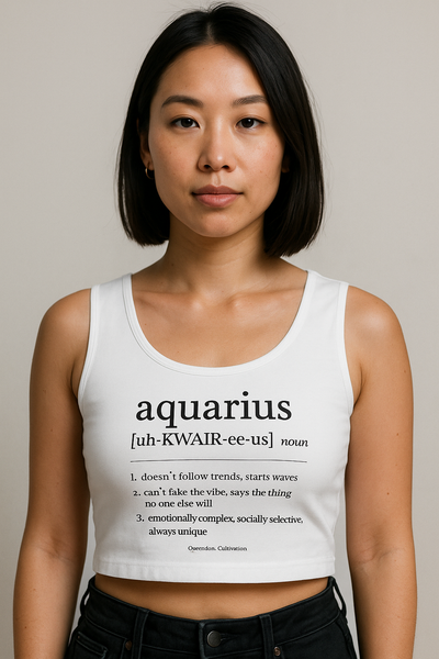 Aquarius crop top with "Out the Box" graphic. Women's Aquarius zodiac crop top | "Out the Box" unique design. "Out the Box" Aquarius astrology sign crop top | Trendy zodiac apparel.