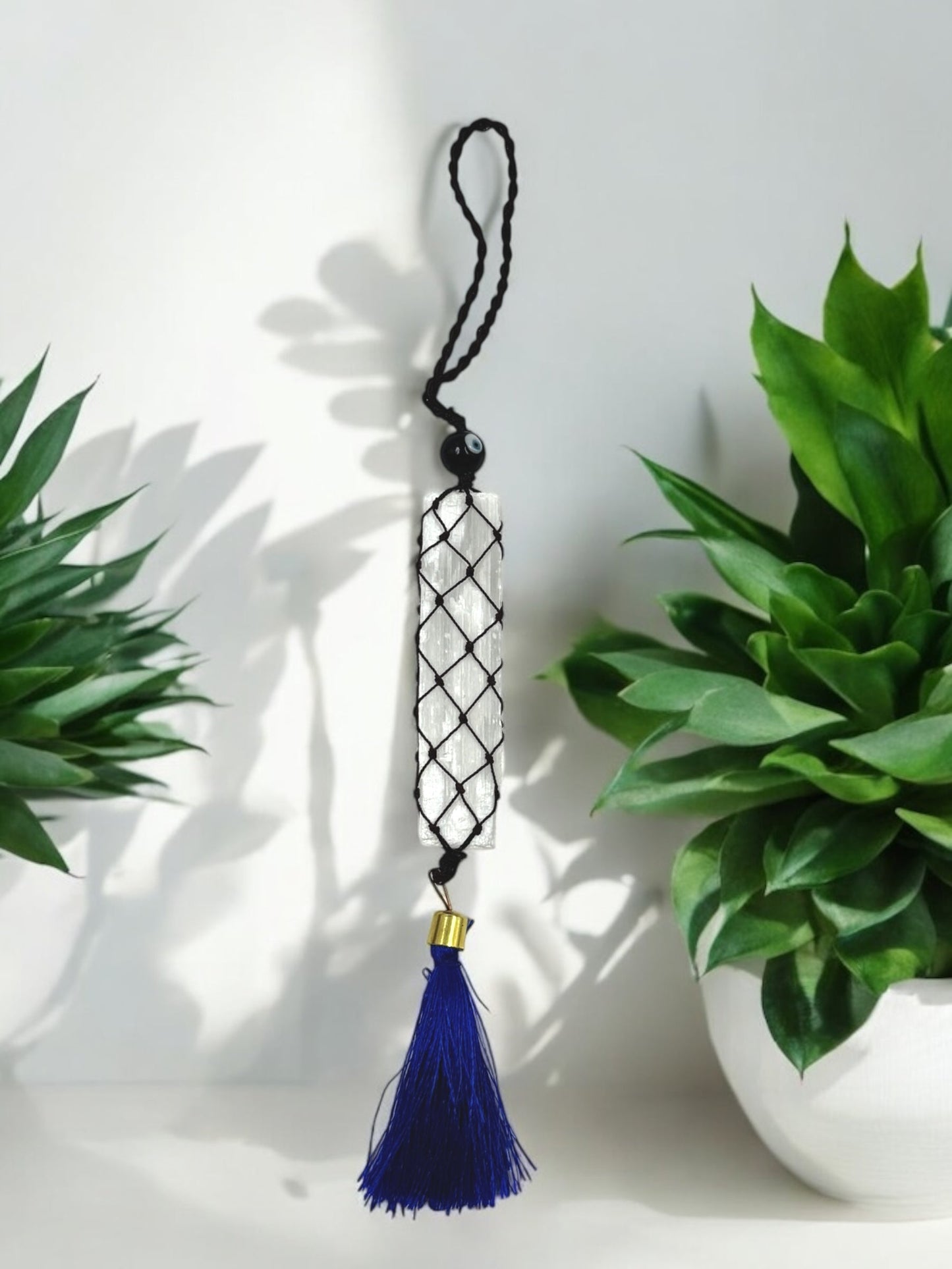 Evil Eye Bead Selenite Wand Wall Hanging 8"