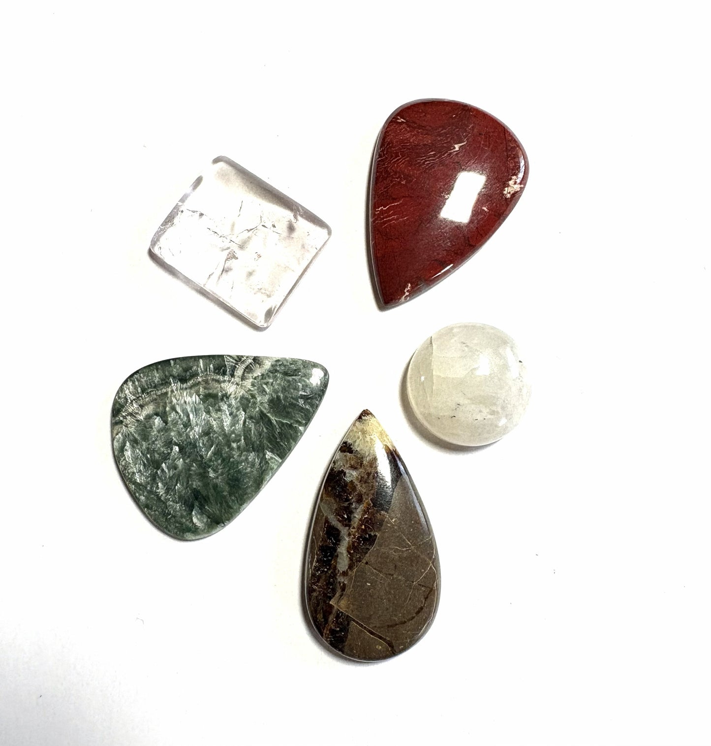 Cabochon Crystal Set (Seraphinite, Septarian, Rainbow Moonstone, Clear Quartz, Red Snakeskin Jasper)