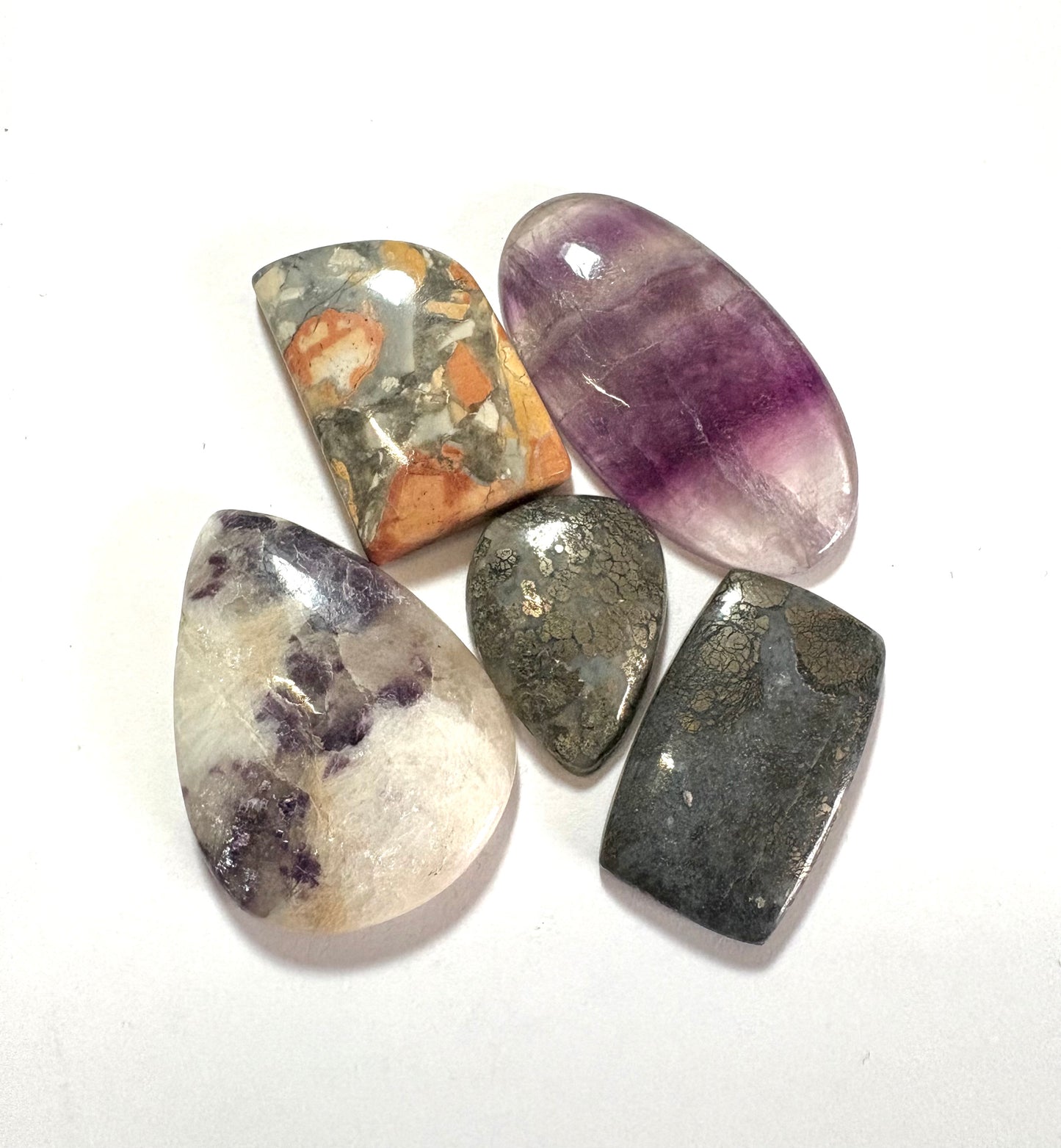 Cabochon Crystal Set (Lepidolite, King Cobra Jasper, Marcasite, Purple Fluorite)