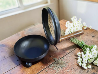 Tree of Life Metal Charcoal Burner with Wooden Handle | Incense Resin or Sage Burner