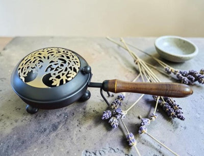 Tree of Life Metal Charcoal Burner with Wooden Handle | Incense Resin or Sage Burner