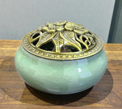 Assorted Color Ceramic Incense Burner Bowl with Floral Lid | Charcoal Incense Holder