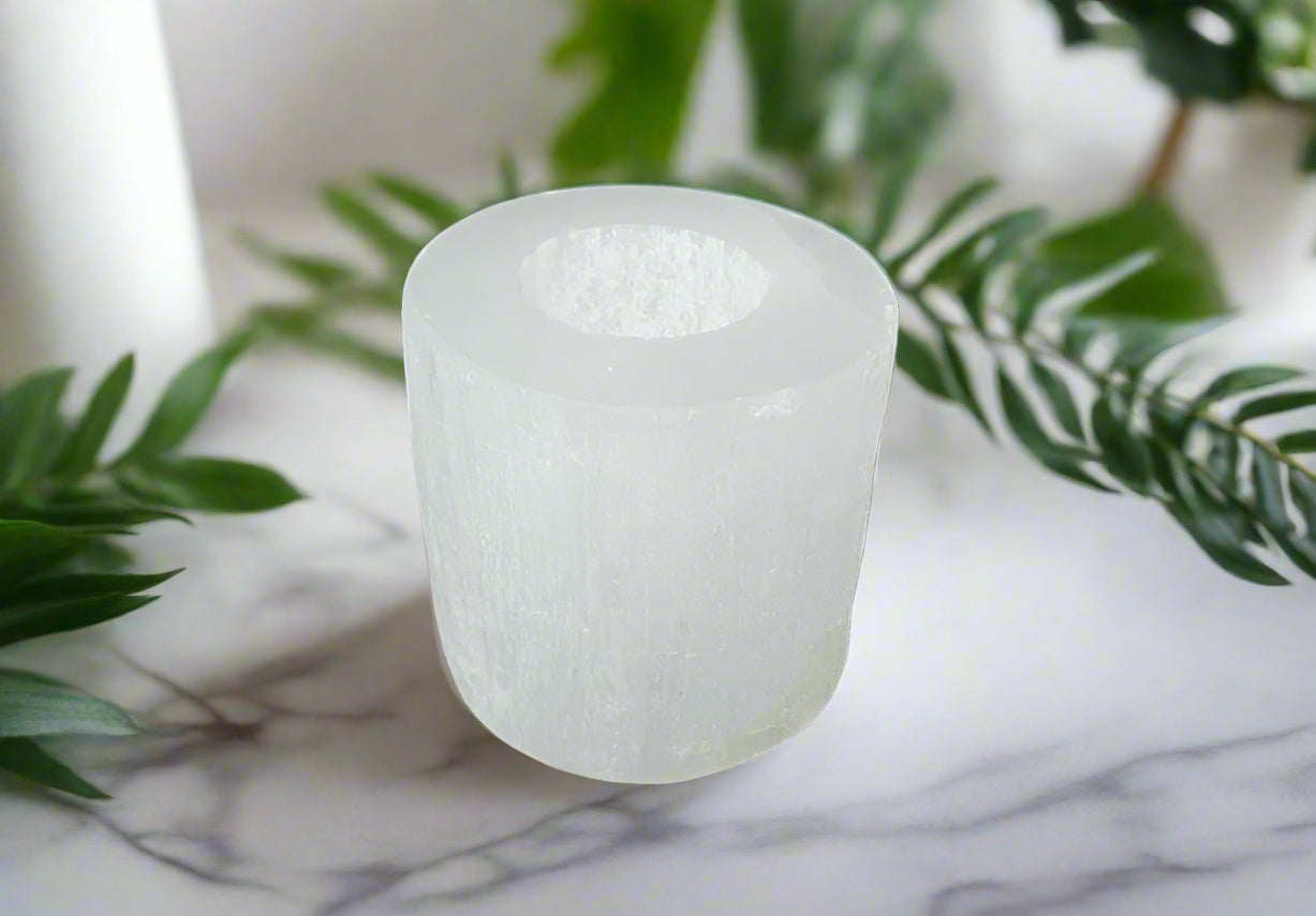 Selenite Cylinder T-lite Candle Holder for Crystal Cleansing and Energy Renewal