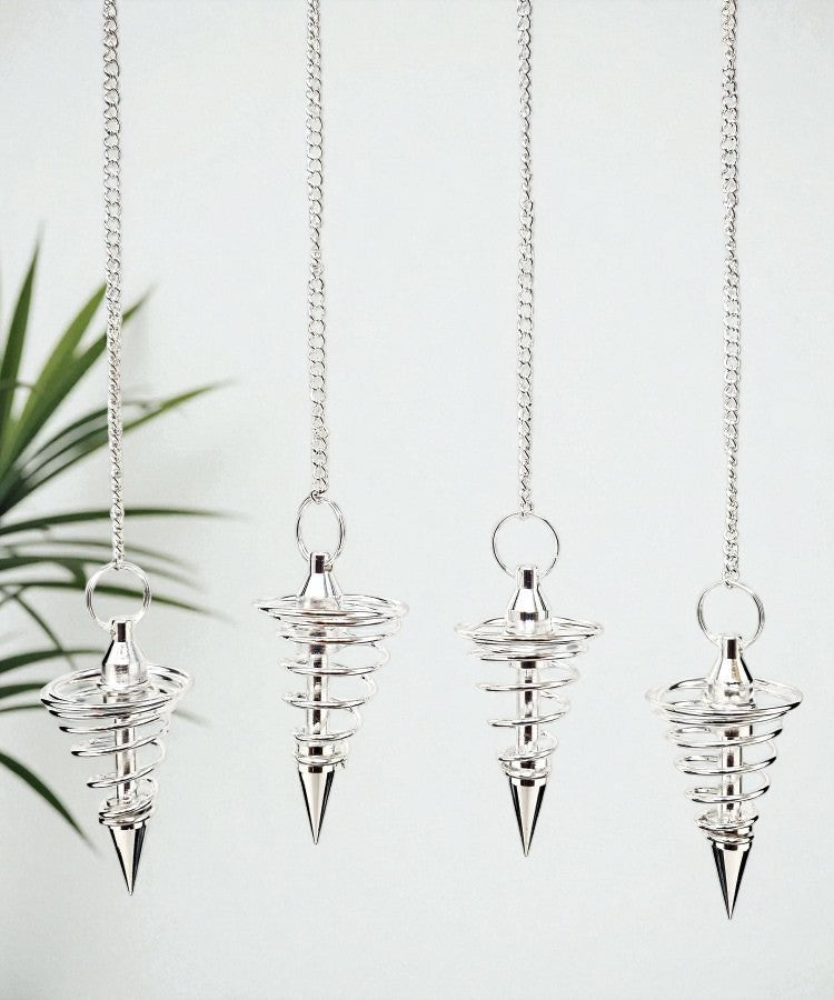 Spiral Silver Finish Pendulum with Chain for Energy Work and Clarity