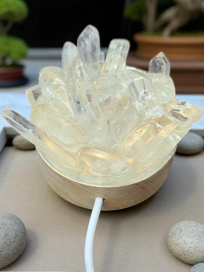 Clear Quartz LED Lamp with USB Wooden Base - Clarity & Balance