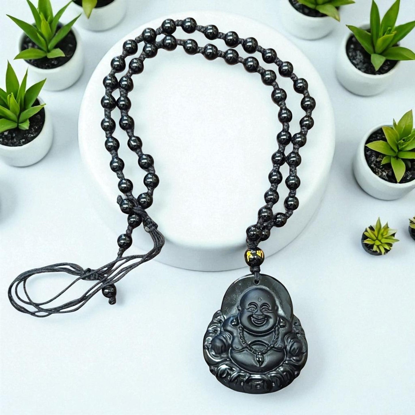 Obsidian Mala Necklace with Laughing Buddha – Adjustable Pendant