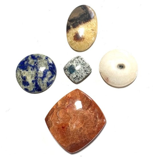 Cabochon Crystal Set (Lapis Lazuli, Petrified Wood, K2, Solar Quartz, Septarian)