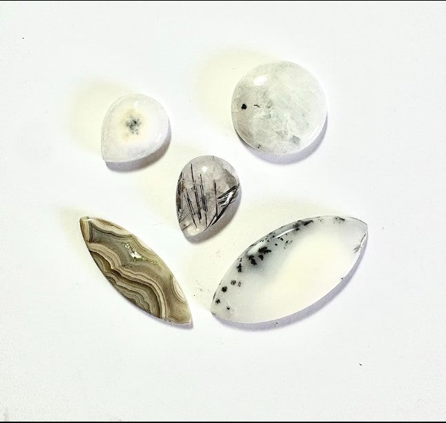 Cabochon Crystal Set (Seam Agate, Tourmaline Quartz, Dendritic Opal, Solar Quartz, Rainbow Moonstone)
