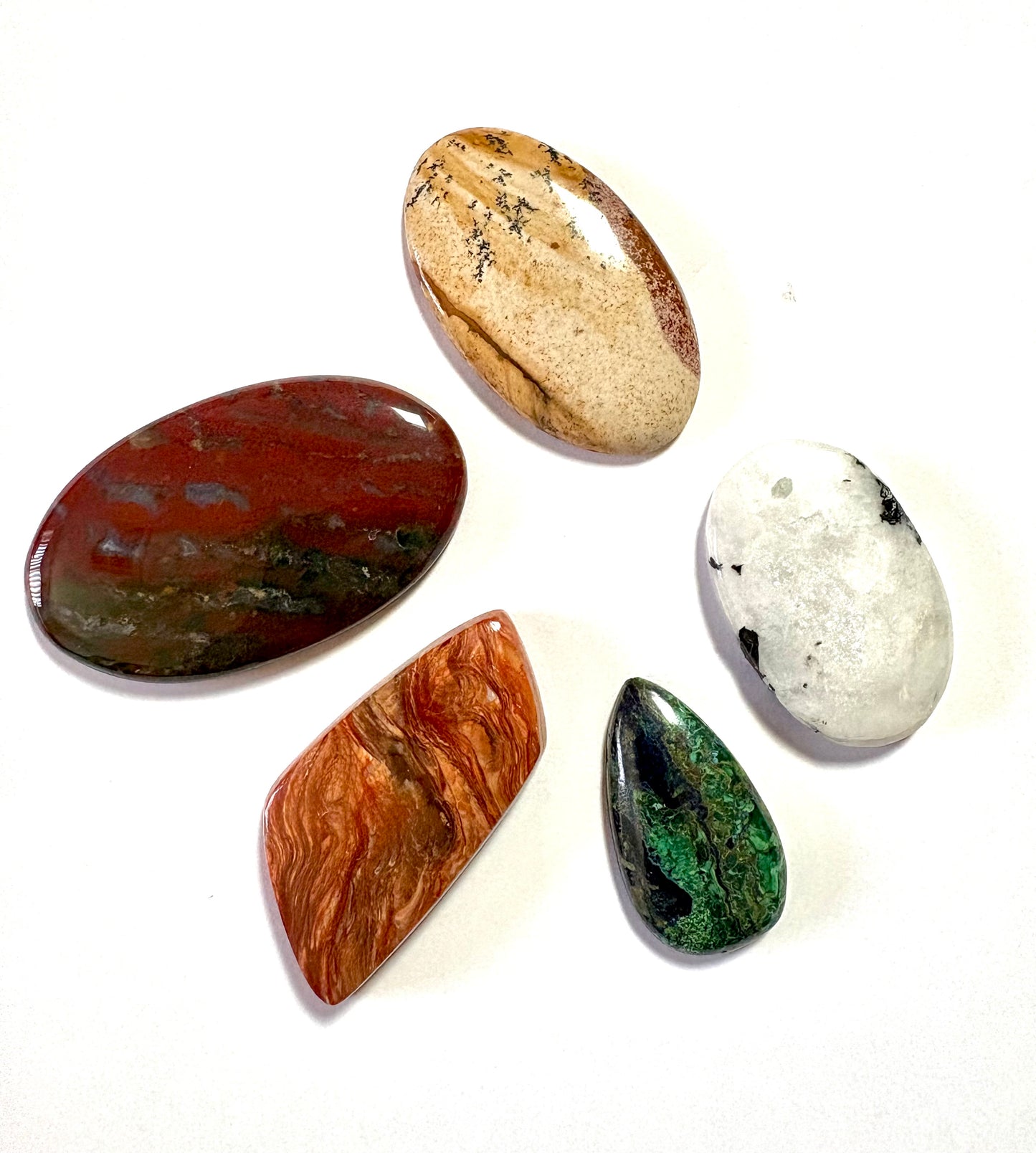 Cabochon Crystal Set (Rainbow Moonstone, Azurite, Bloodstone, Petrified Wood, Picture Jasper)