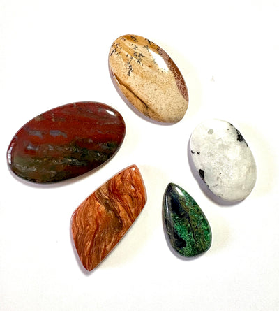 Cabochon Crystal Set (Rainbow Moonstone, Azurite, Bloodstone, Petrified Wood, Picture Jasper)