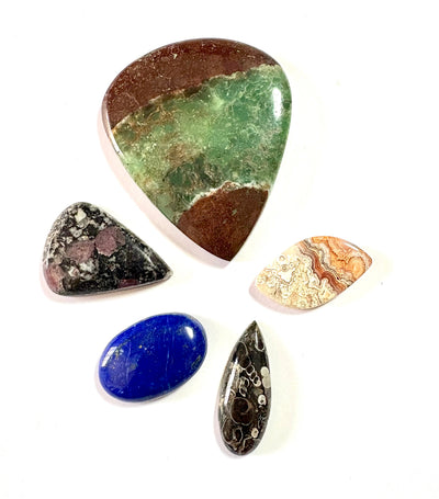Cabochon Crystal Set (Ruby in Matrix, Lapis Lazuli, Turritella Agate, Chrysoprase, Crazy Lace Agate)
