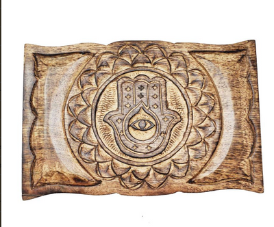 Hamsa Hand Evil Eye Carved Wood Box 9" x 6"