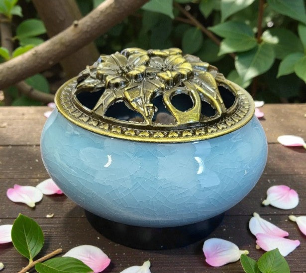 Assorted Color Ceramic Incense Burner Bowl with Floral Lid | Charcoal Incense Holder
