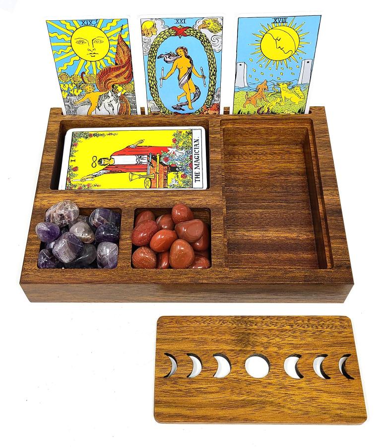 Wooden Tarot Card Holder w/ Moon Phase Lid Design