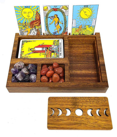 Wooden Tarot Card Holder w/ Moon Phase Lid Design