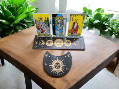 Wooden Tarot Card Holder with Sun Moon Design (2 Pc Set)