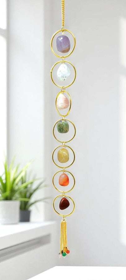 Seven Chakra Tumbled Stone Wall Hanging with Gold Rings 16"H