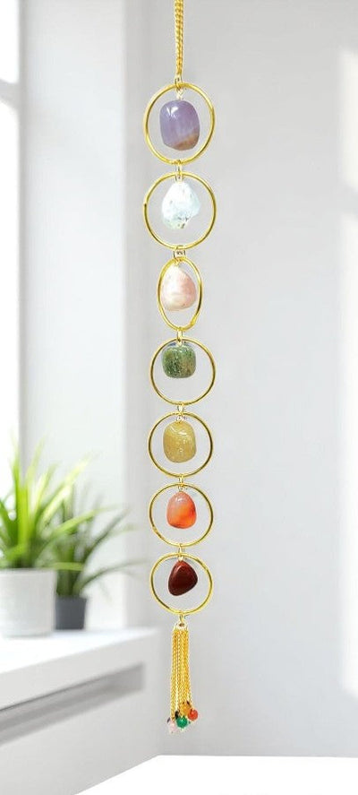 Seven Chakra Tumbled Stone Wall Hanging with Gold Rings 16"H