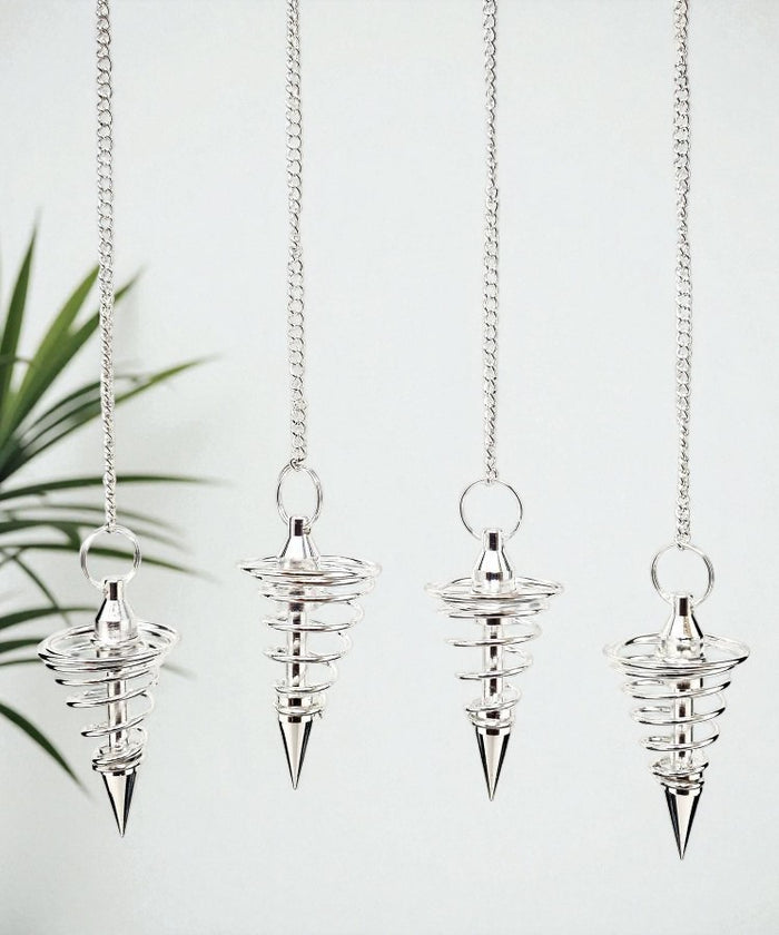 Spiral Silver Finish Pendulum with Chain for Energy Work and Clarity