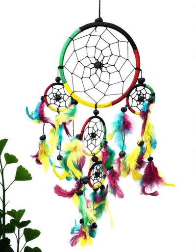 Rasta Dream Catcher Five Rings with Feathers and Beads for Protection & Positive Energy