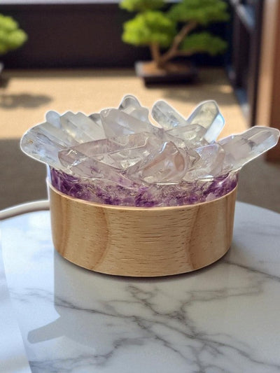 Amethyst & Clear Quartz LED Lamp – USB Powered Wooden Base