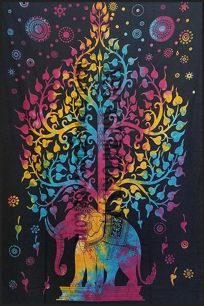 Elephant Tree of Life Tie Dye Tapestry for Meditation & Spiritual Decor